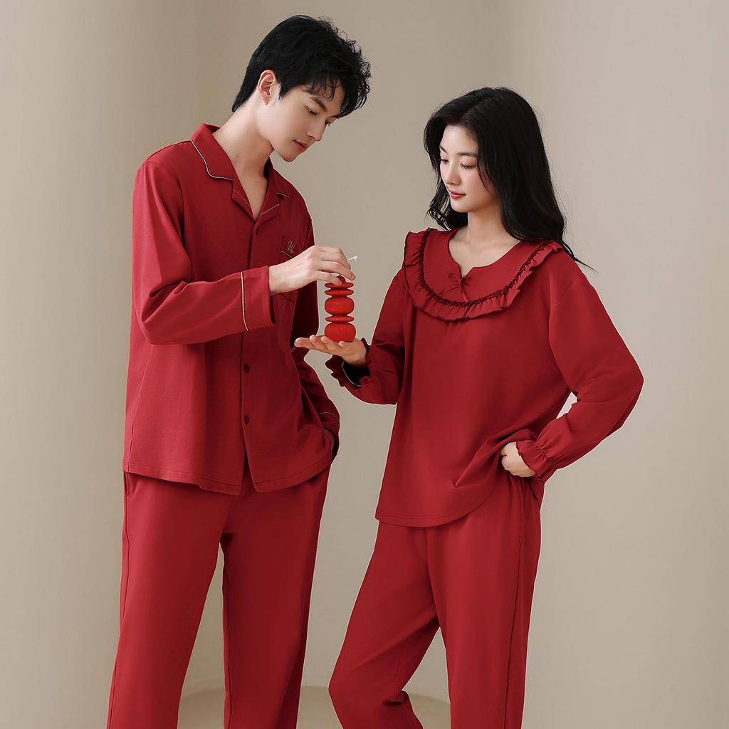 Red Zodiac Cotton Pajamas Set: Long Sleeve & Pants for Couples - Autumn/Winter Wedding & Home Wear