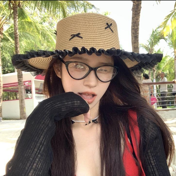 Big Hat with Bow Lace Lace Ridge for Women In Summer Beach Hat Sun Protection Hat Big Brim Sun Hat Vacation Straw Hat