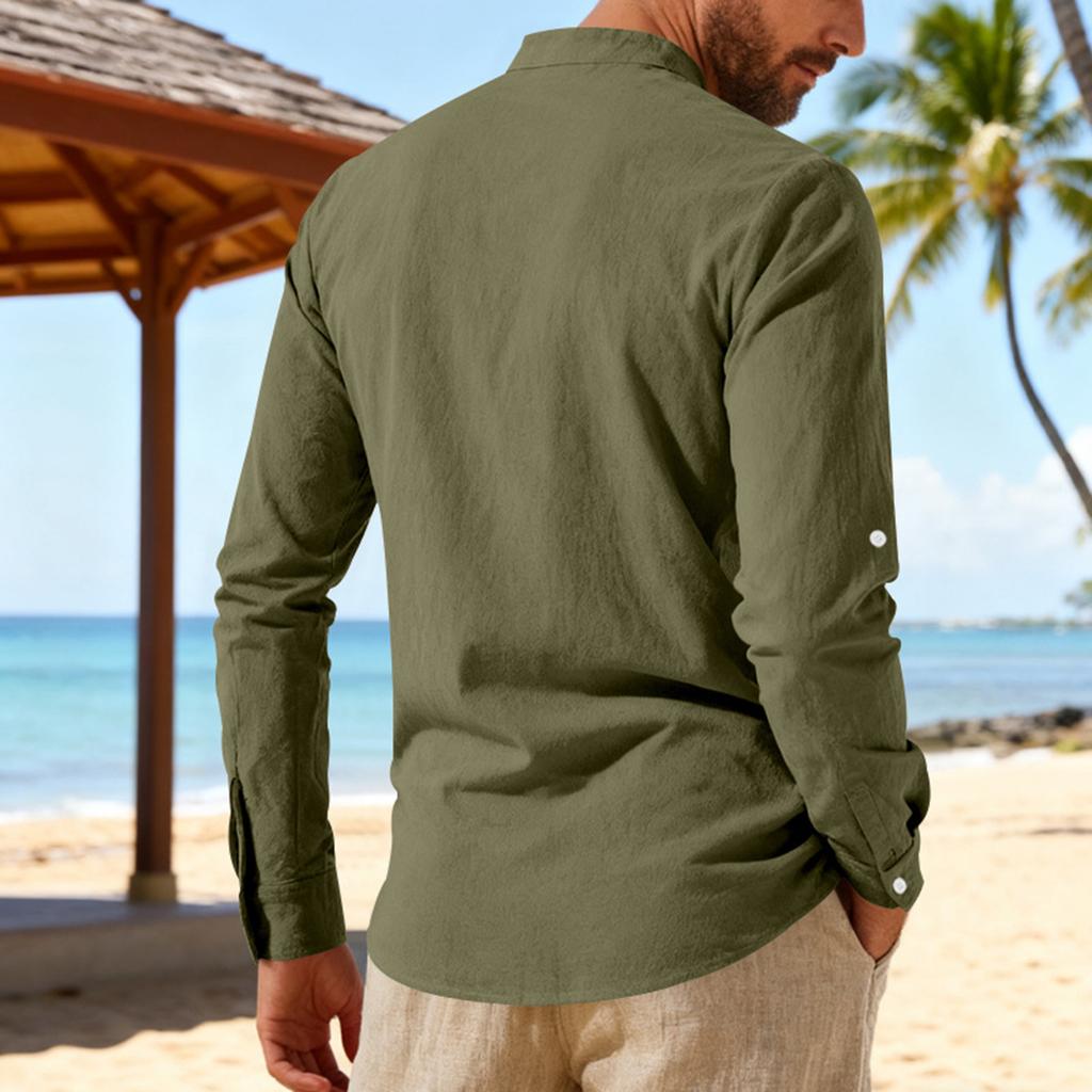 Men's Collared Linen Shirt  Casual Sports Beach Long Sleeved Shirt
