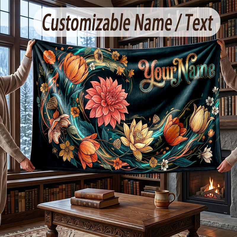 Floral Garden Theme Throw Blanket Custom Name Text Personalized Blanket Soft Cozy Blanket for Home Sofa Bed