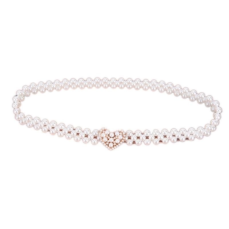 Women Ladies Pearls Beads Chain Belt Stretchy Flower Buckle Waistband