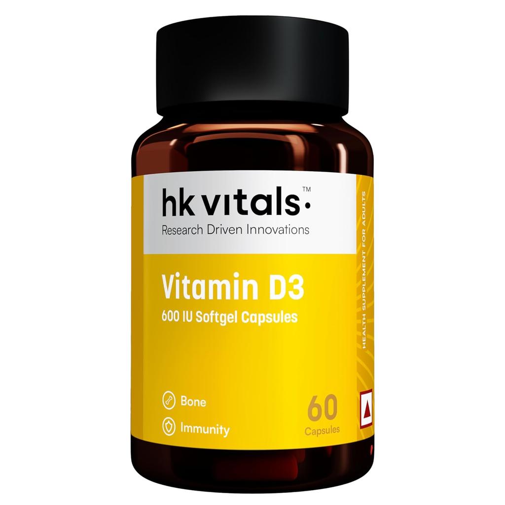 hk vitals Vitamin D3 (600 IU) (60 Capsules) | With Sunflower Oil, Promotes Calcium Absorption | Bone Health, Muscle Strength & Immunity