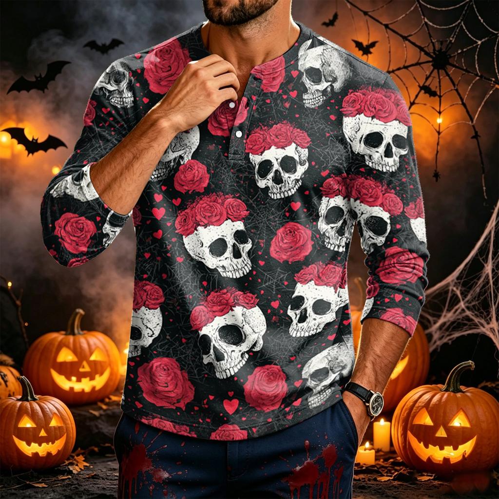 Men's Long Sleeve Shirt with Halloween Print for Casual Everyday Wear