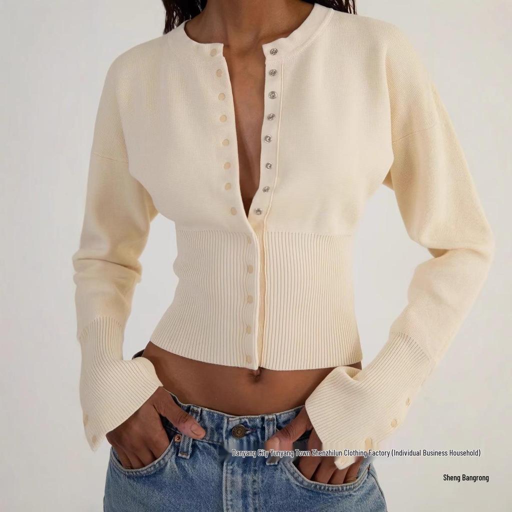 High-Waisted Women's Knitted Cardigan with Round Neck and Single-Breasted Design - European and American Style Niche Innerwear Top