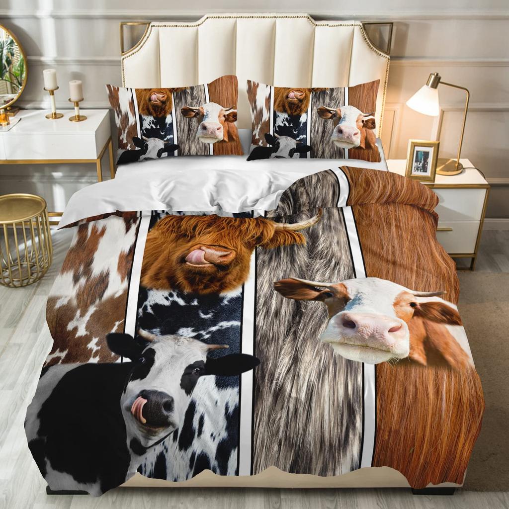 Cow Print Duvet Cover Twin Size, 3 Pieces Cow Bedding Set with 2 Pillowcases, Black and White Comforter Cover Bedroom Decor