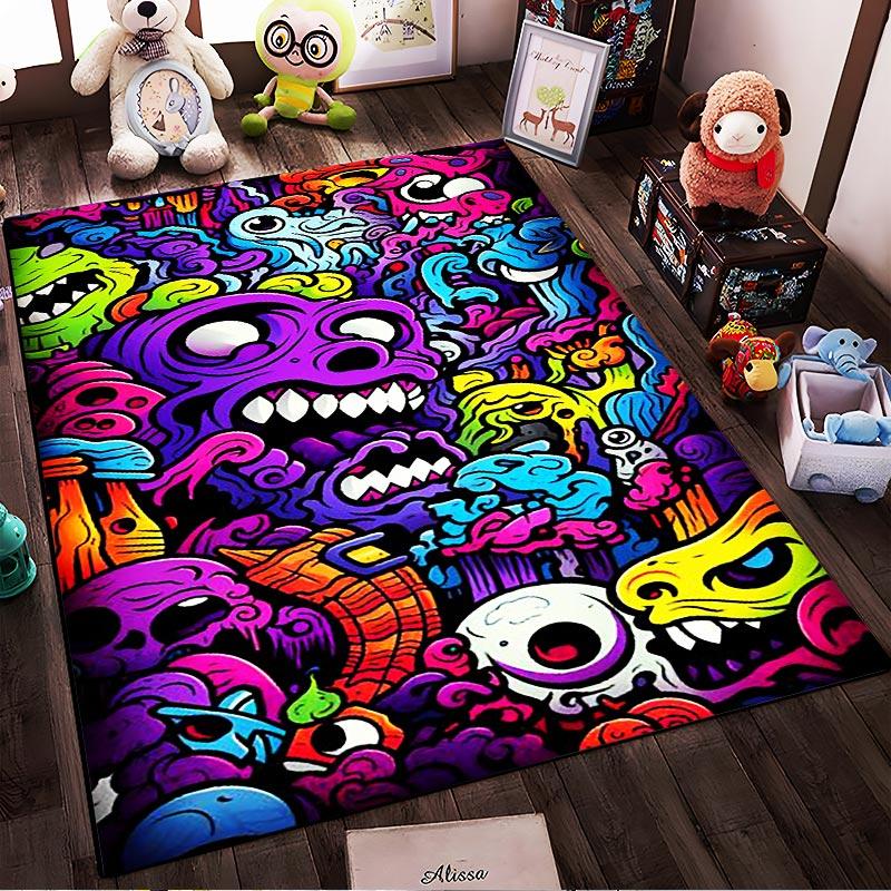 Colorful Cartoon Monster Faces Carpet with Vibrant Abstract Design Suitable for Use As an Anti-slip for Living Room Bedroom Sofas
