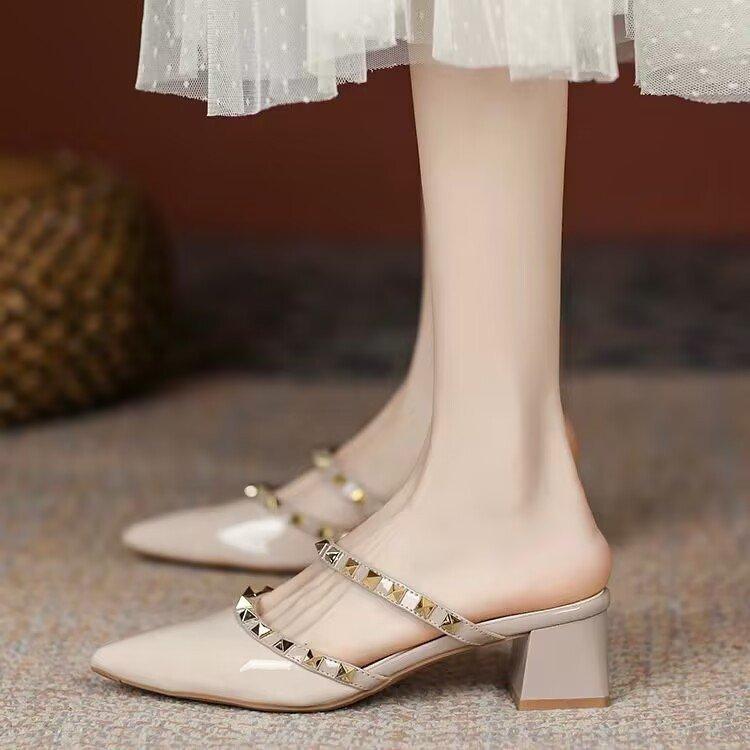 Baotou Half Slippers Outer Wear Spring 2025 New Fairy Medium Heel Pointed Sandals Rivet High Heels Single Shoes