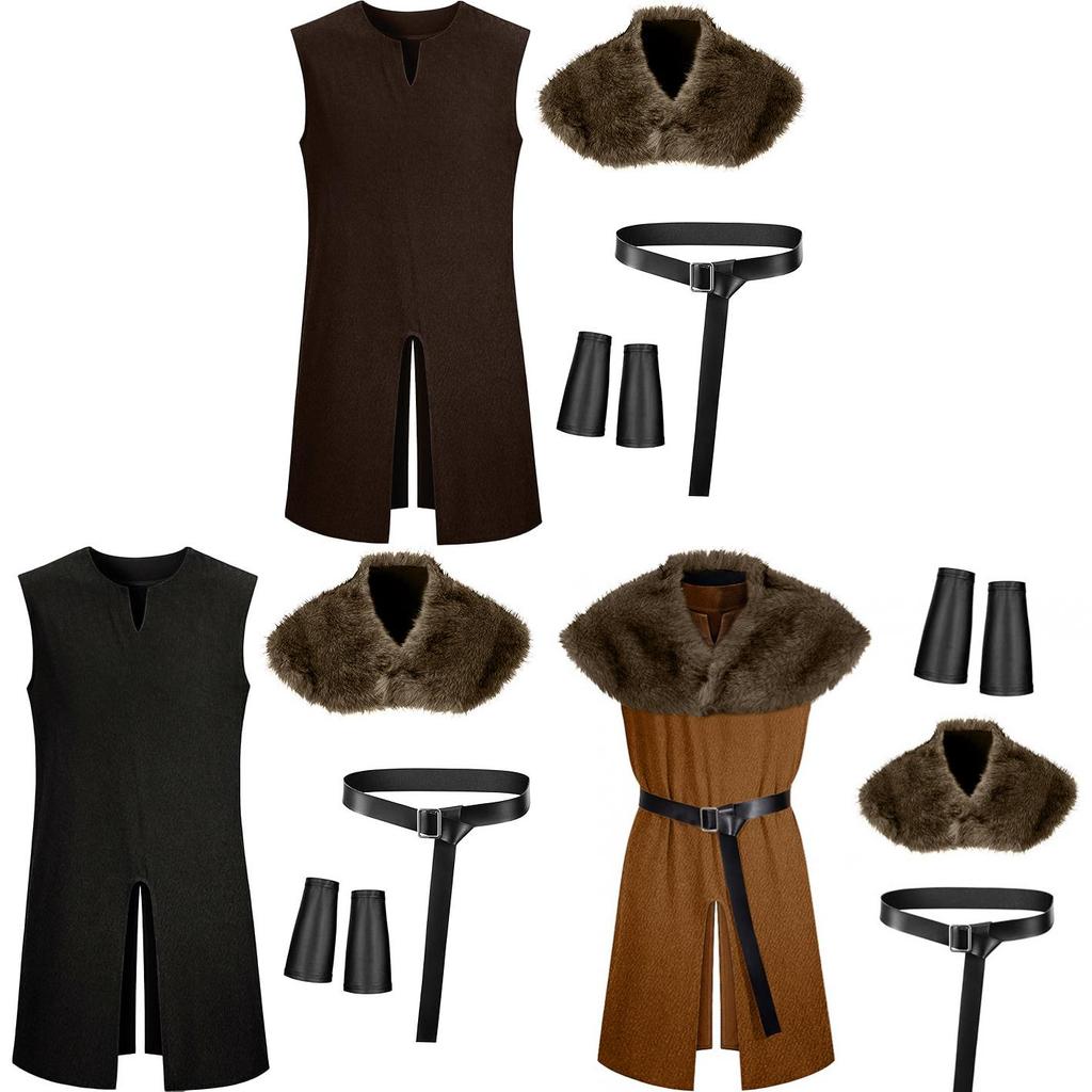Medieval Knight Costume With Faux Fur Collar For Cosplay And Halloween Role Play