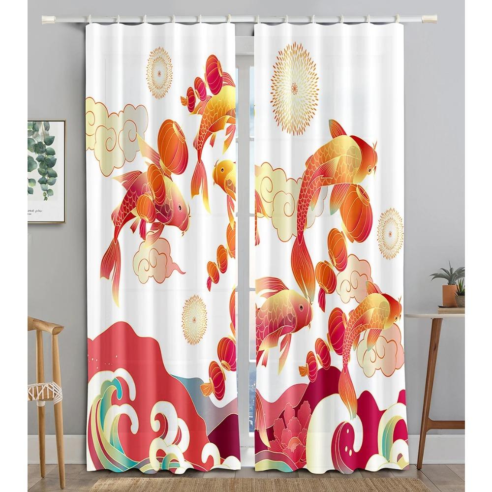 Chinese Tradtional Gold Fish Sea WaveBlackout Window Panel Curtain designed for Living Room Space Bedroom Bathroom Kicthen Door Cupboard Decor Hooks