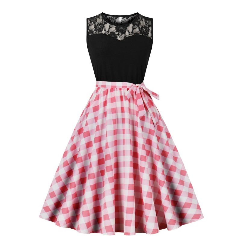 

Летнее новое ретро платье кружево круглый вырез без рукавов принт стежок маятниковое платье XXL