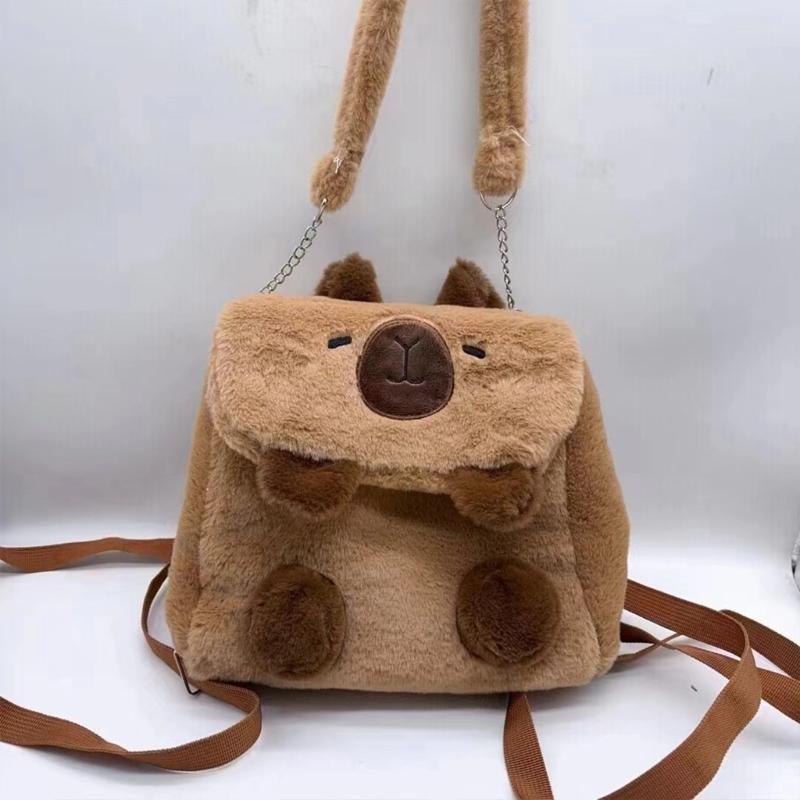 Cartoon Plush Capybara Animal Backpack for Teens Multiple Pockets Student School Bag Zippered Crossbody Shoulder Bag