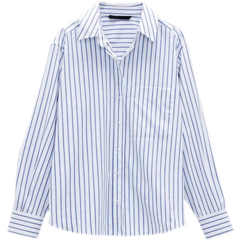 Za Fall and Winter White Base Shirt Tops Loose Long Sleeves Single Striped Style with Pockets Shirt Female 2173262 7727760