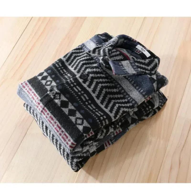 Chemise homme automne et hiver, style streetwear, imprimé ethnique à rayures, décontractée, manches longues, épaisse, brossée, vintage, ample