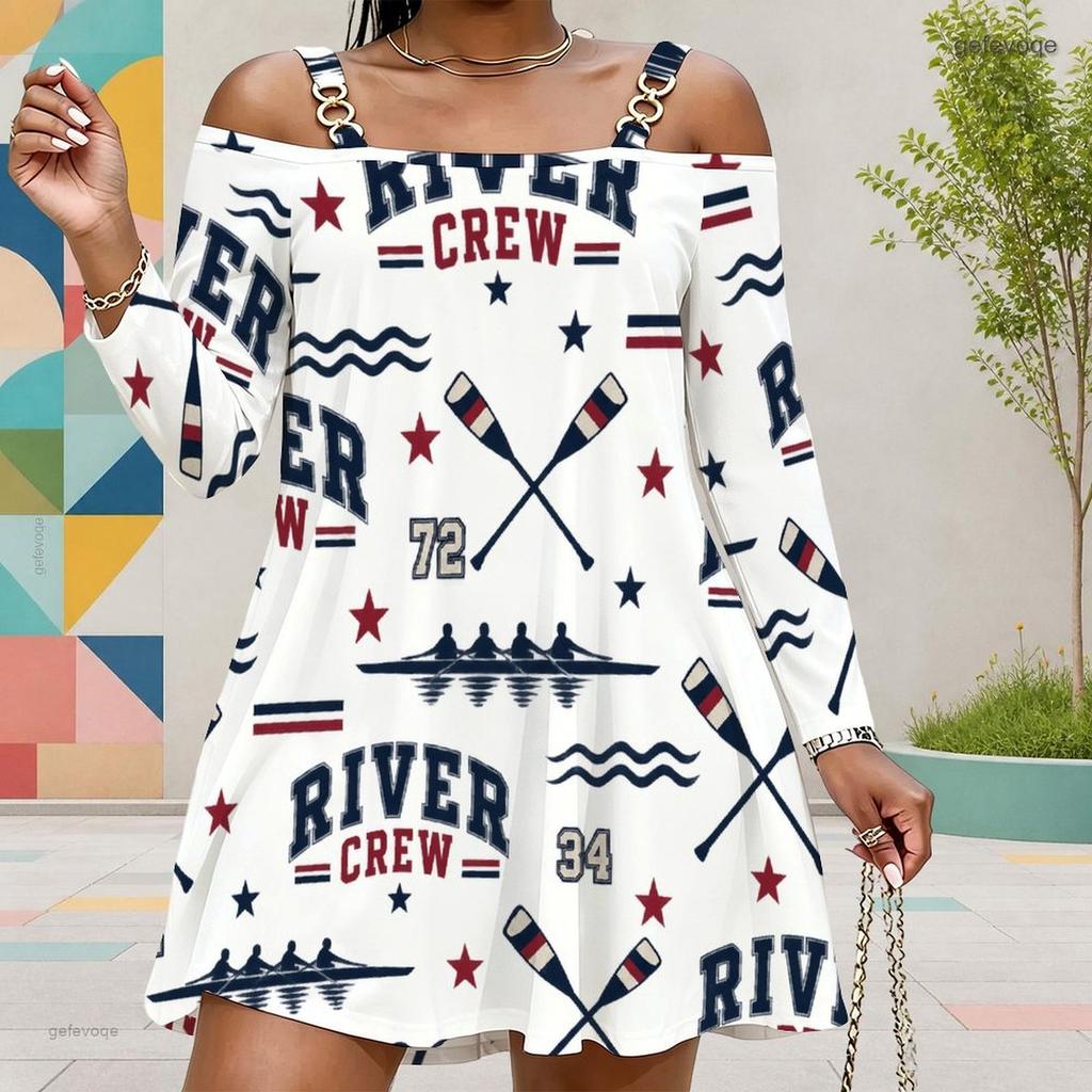 Women Plus Size Cold Shoulder Long Sleeve Surf Printed White Dress