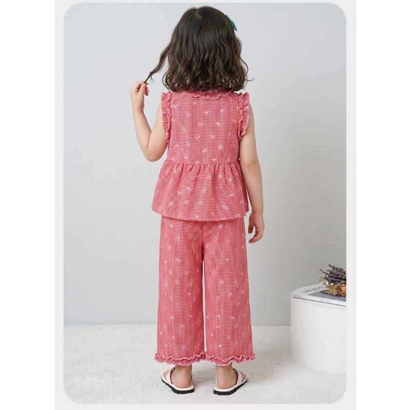 Sweet Little Girls Plaid Lace Vest Long Pants Two Piece Clothing Set