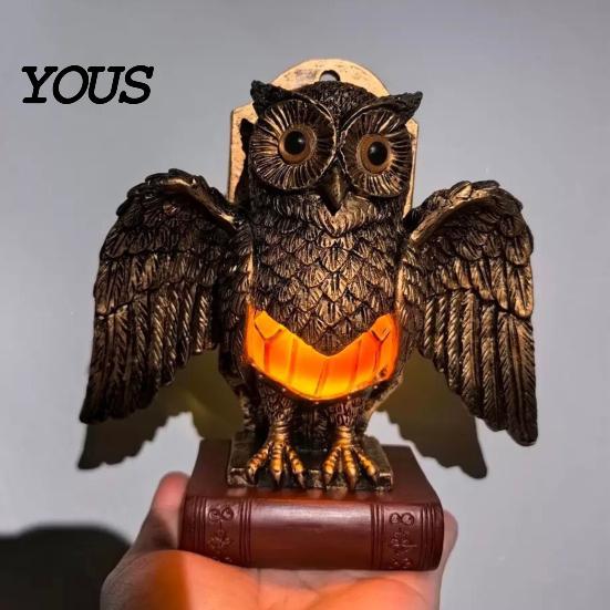 Small Bedside Lamp Table Night Light with Golden Owl, Farmhouse Retro Desk for Living Room Bedroom Office, Rustic Nightstand Reading Corner