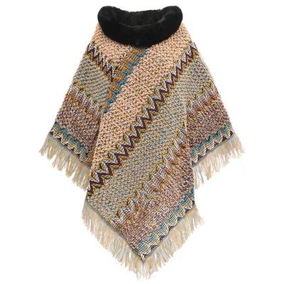 Color Ethnic Style Pullover Cape Women's Fur Collar Women's Knitted Cape Warm Autumn and Winter Shawl