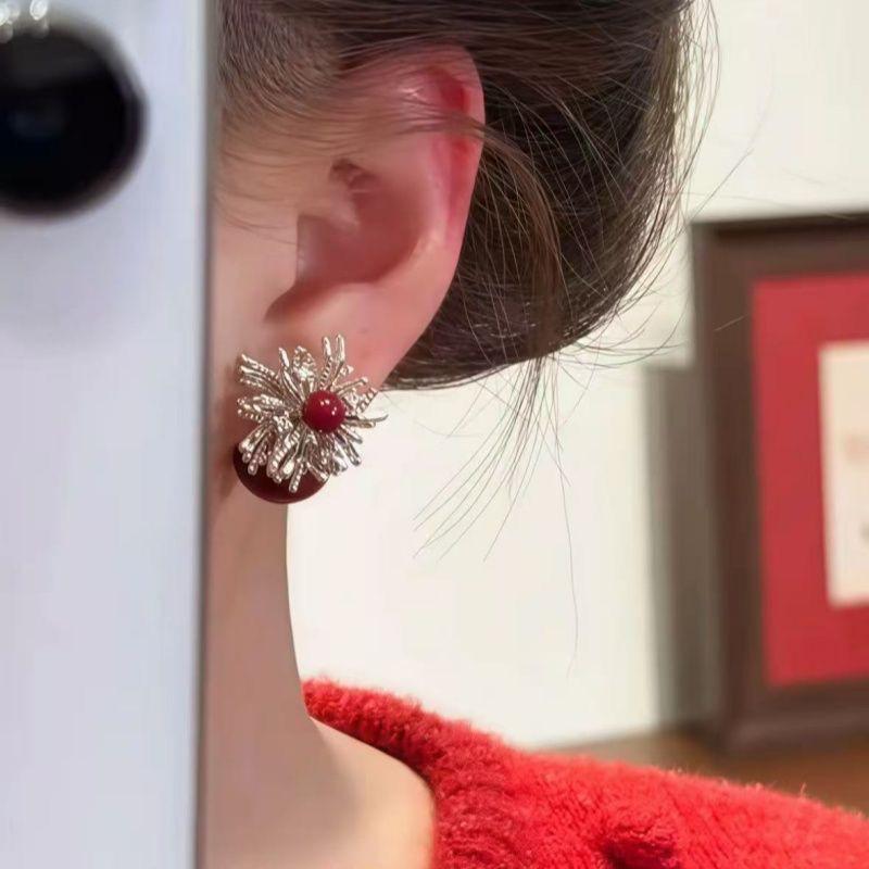 Осенне-зимние серьги-гвоздики Ankara Красная Жемчужина Фейерверк: Высококачественные Двусторонние Роскошные Праздничные Серьги для Женщин Electroplated