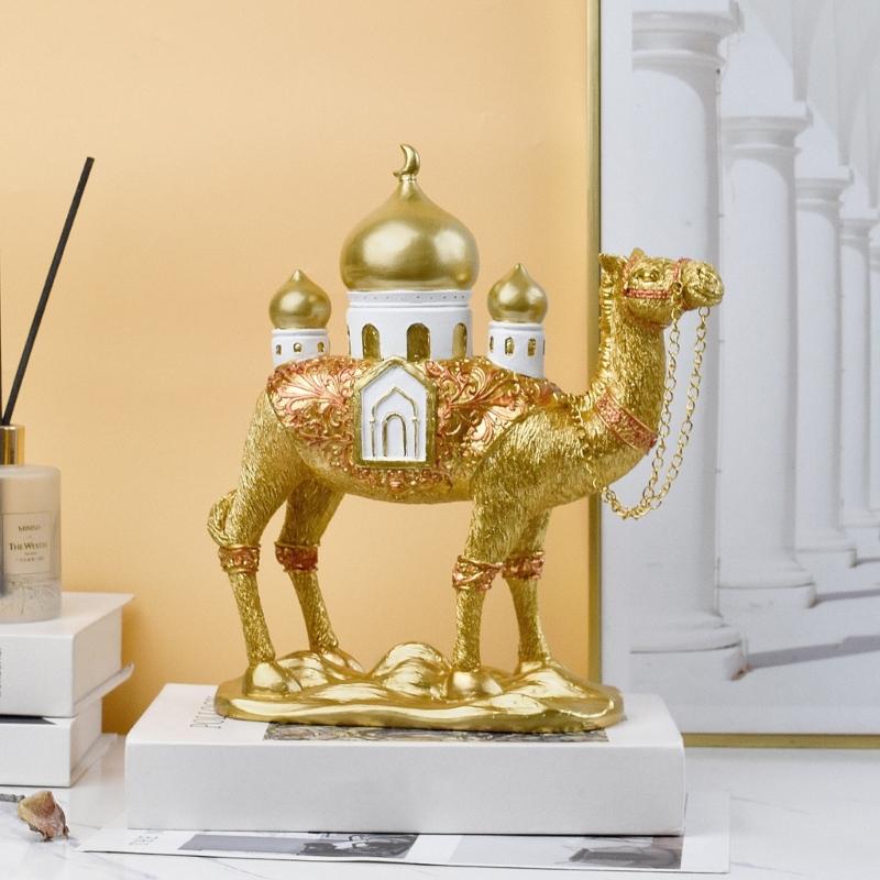Camels Figurine with Mosque Tower Resin Camels Statue Ornament for Ramadans Eid Mubarak Home Decors Collectibles Gift