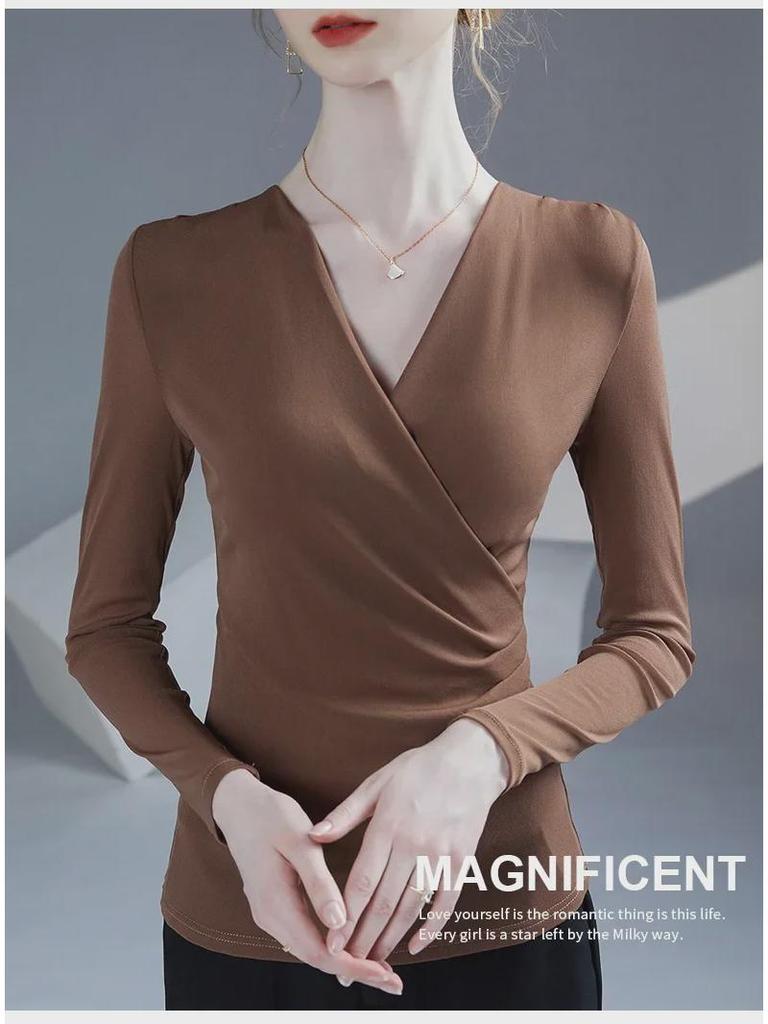 Wiosna i Jesień 2025 Damski Top z Plisowanej Siateczki z Dekoltem w Serek