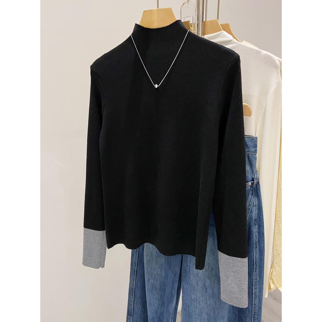 Contrasting color splicing semi-turtleneck bottoming shirt knitted sweater women's autumn and winter temperament slim fit inside slim shoulder top