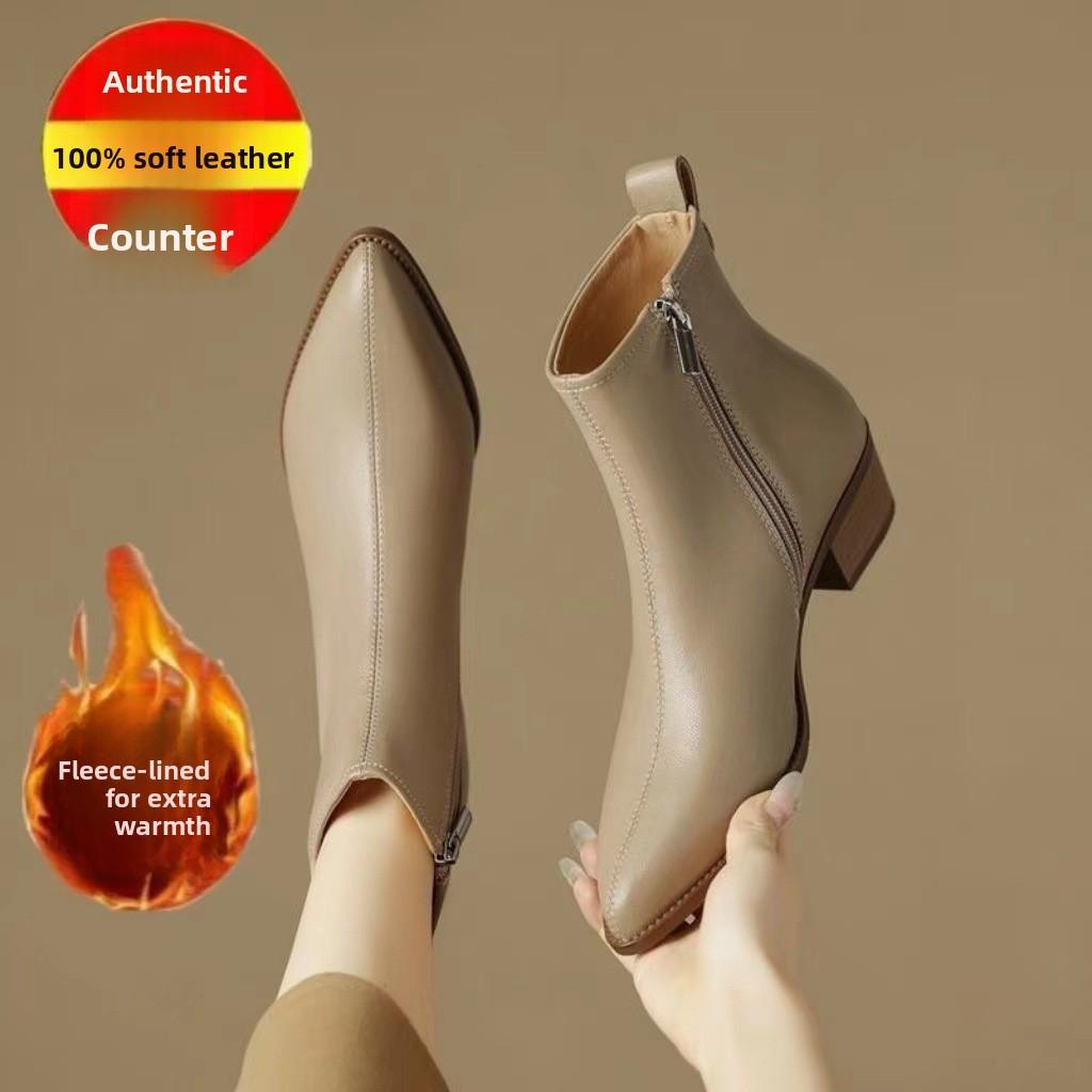 Scarpe a punta, Scarpe da donna, Stivaletti, Nuovo tacco medio snellente, Stivali versatili, Stivaletti singoli in pelle morbida