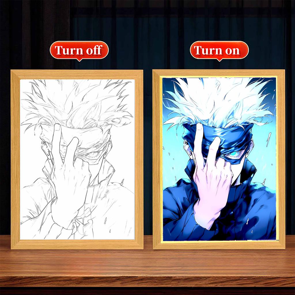 Anime Light Painting Picture Frame Jujutsu Kaisen Led Night Light Moon Lamp Satoru Gojo Figure Bedroom Home Decor Friends Gifts