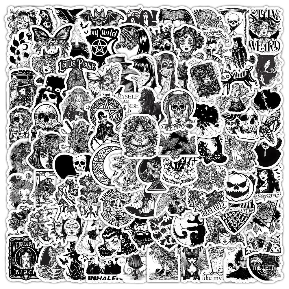 100Pcs Black And White Gothic Waterproof Graffiti Stickers For Helmet Bicycle Hand Account Pencil Case Decal Sticker Story Store