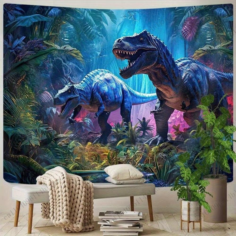 Prehistoric-Themed Vivid Dinosaur In Jungle Tapestry Dorm Wall Hanging Banner Wild Vibe Room Decoration
