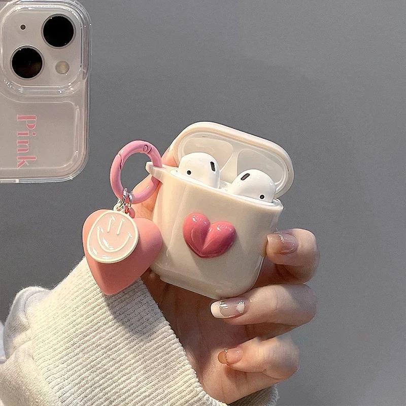 Cute 3D Heart Love Silicone Earphone Accessories Case For Airpods 4 For Airpods 3 Pro 2 1 Cover Creative Smile Ornament Keyring