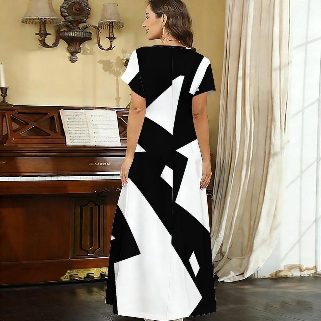 Women Plus Size V Neck Short Sleeve Black White Printed Straight Maxi Dress