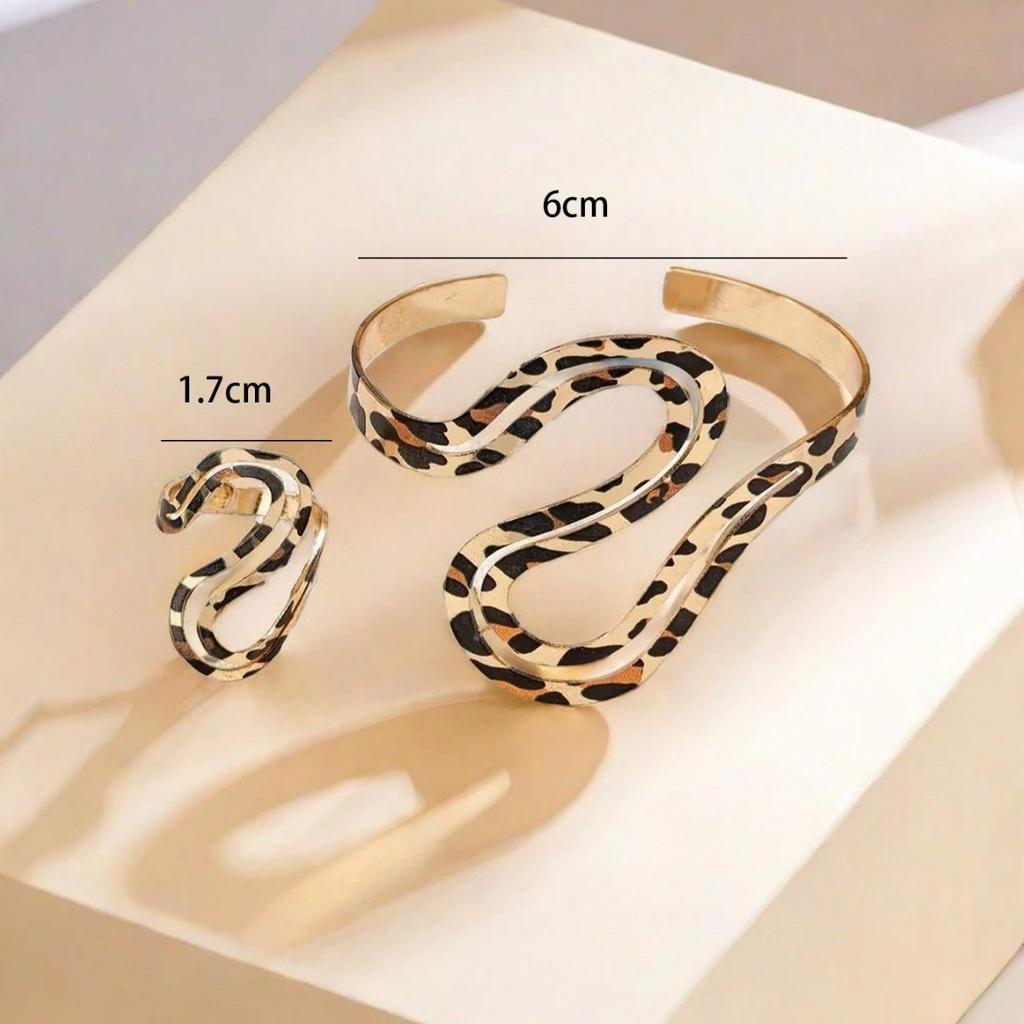 Niche Leopard Print Metal Irregular Bracelet S-shaped Opening Adjustable Ring Women's Set