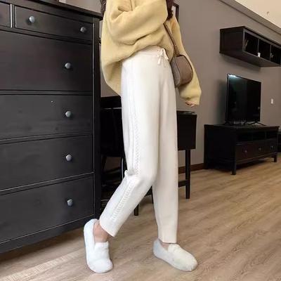 Winter Women’s Solid Casual Thicken Knit Pants High Waist Drawstring Slim Harem Trousers for Lady Soft Comfortable Versatile Warm Fashion Loose Pants