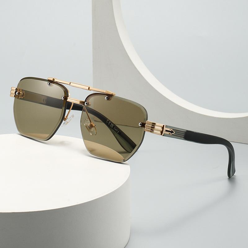 Double-beam frameless square sunglasses, retro metal trimmed sunglasses, unisex driving sunshades.