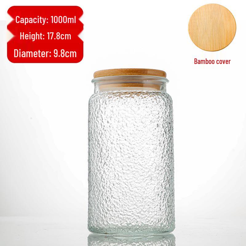 Cylindrical Embossed Glass Storage Jar with Wooden Lid for Dried Fruits and Grains
