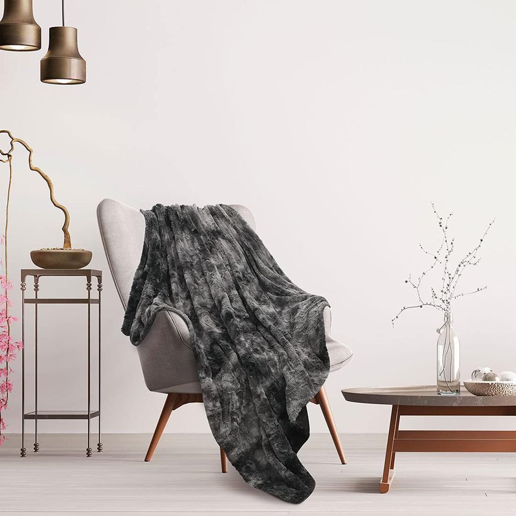 PiccoCasa Soft Faux Fur Blanket for Sofa or Sofa Bed, Reversible, Tie-Dye, Luxury Shag, Gift, Luxurious, Fluffy Fleece Blanket, Dark Gray, 160x200cm