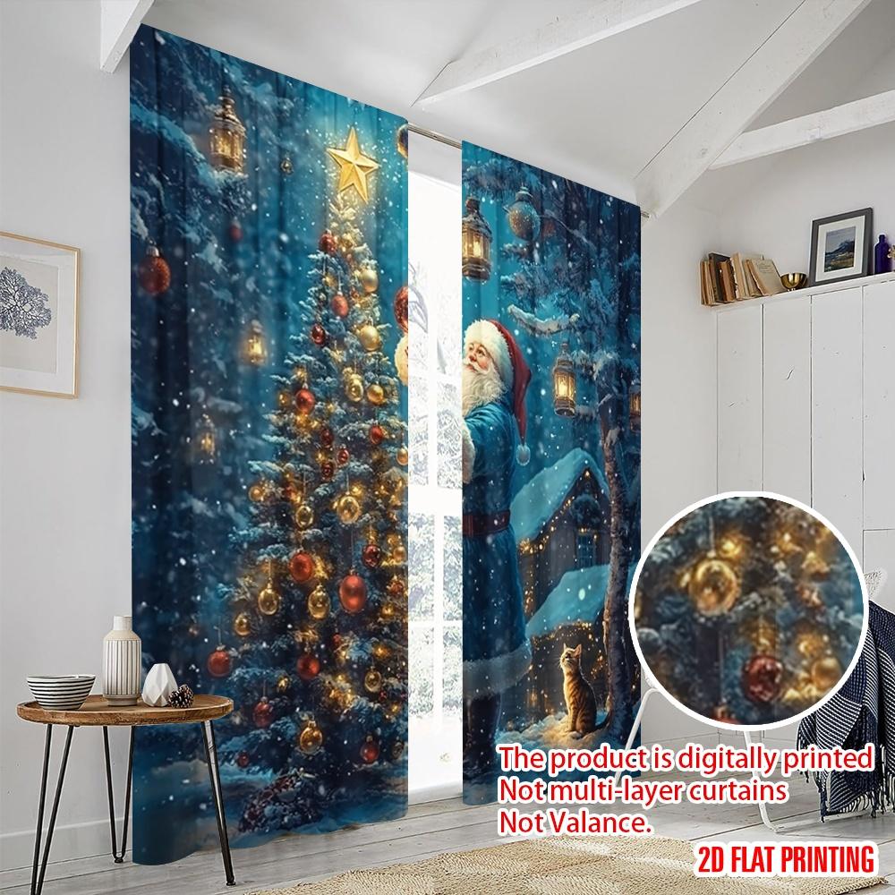2pcs,2D Plane Printing Minimalist Curtains Father Christmas Decorating Tree Polyester Easy Install (without Rod) Art Deco