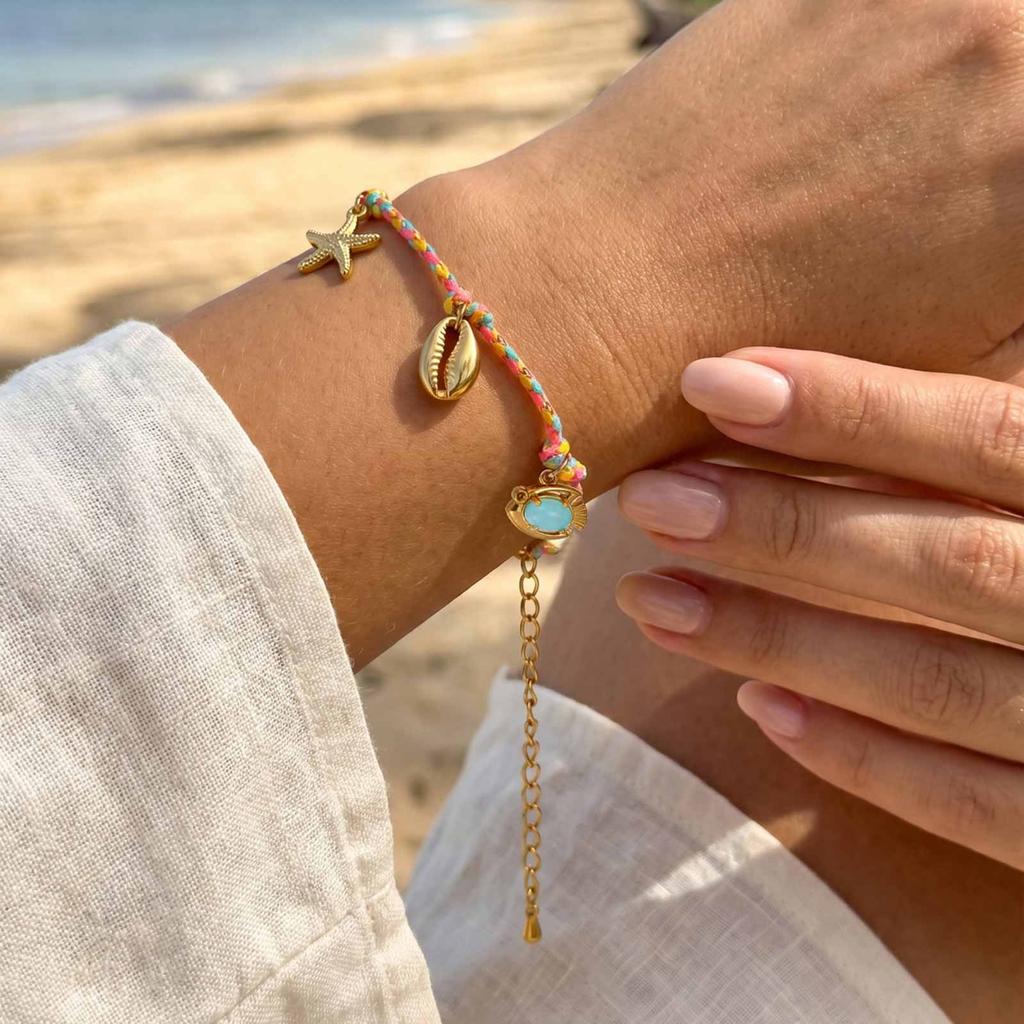 Trendy Ocean Colorful Rope Conch Shell Starfish Pendant Bracelet for Women Girl, Boho Summer Styles Stainless Steel Jewelry