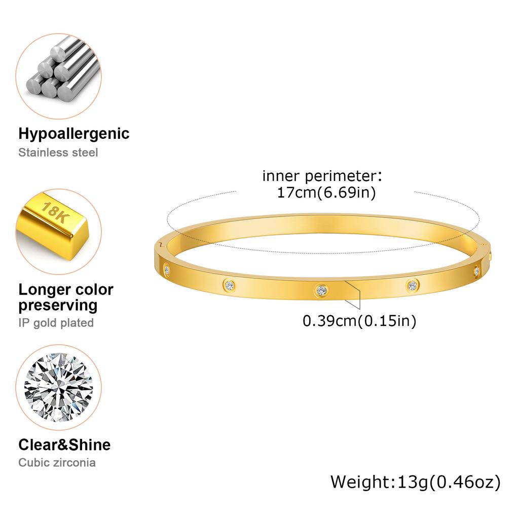 Luxury Cubic Zircon Stainless Steel Bracelet for Women, Gold Plated Waterproof Openable Bangle, High Quality Charm Jewelry Gift