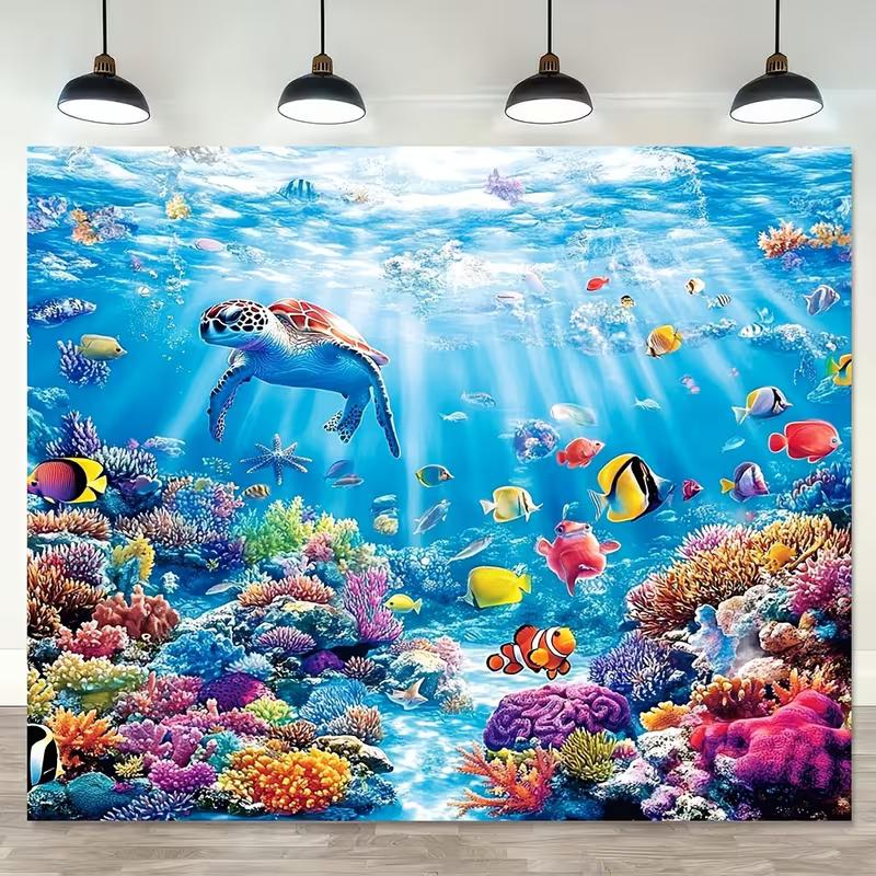2D Aquarium Style Tapestry, Underwater Sea Turtle and Coral Reef with Tropical Fish Wall Hanging 47.2x31.5inch/120*80cm