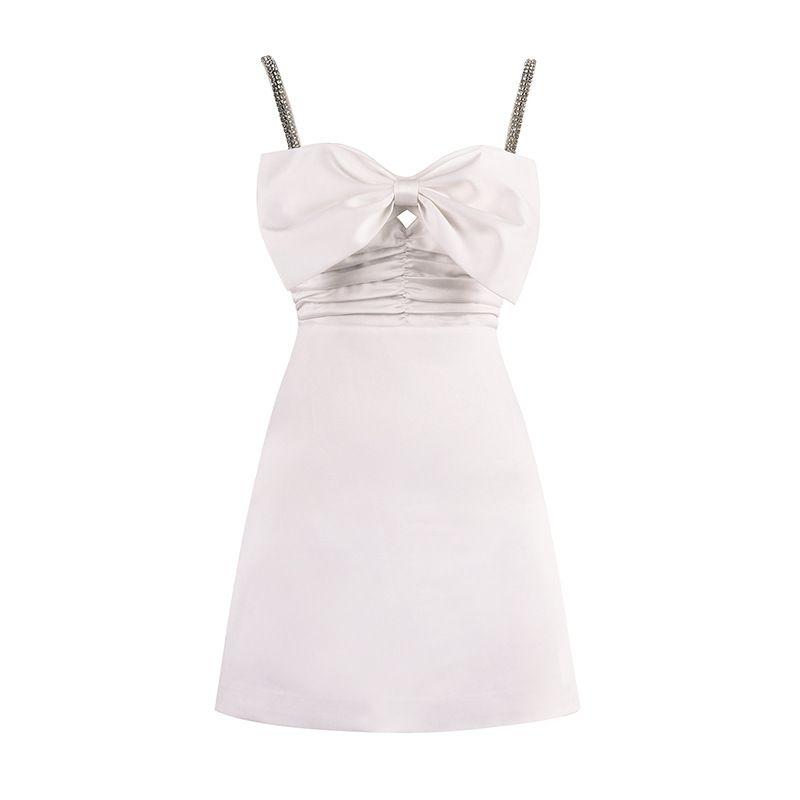 European and American Sexy off-the-Shoulder Strap Back White Dress Light Luxury Minority Classy Grade Socialite Graceful Bow Dress