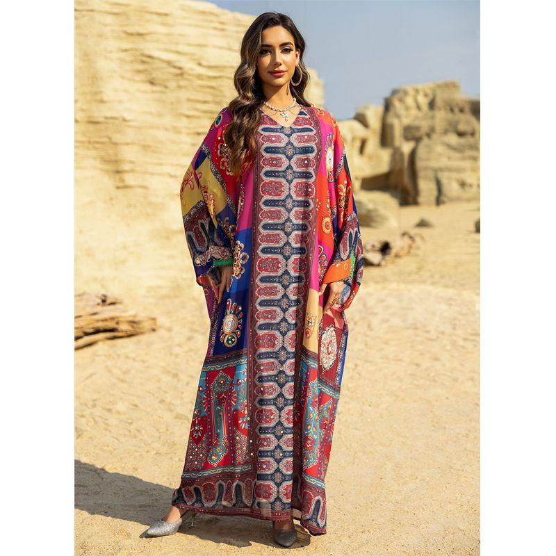

2025 Индонезия Ближний Восток Тотем Многоцветная Печать Стразы Рукав Летучая Мышь Большой Размер Дубайское Платье-Халат Платье Multicolor All yards