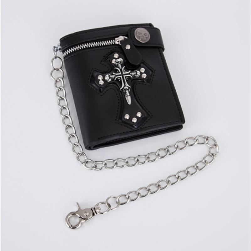 1pcs Gothic Leather Wallet with Vintage Chain & Rivets Skull Cross Design Coin Purse Punk Rock Accessories чёрный