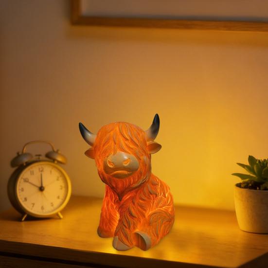 Highland Cattle Night Light Handcrafted Resin Lamp with Amber Glow Cute Desk Decor Bedside Reading Light Unique Gift for Animal Lovers & Rustic Home