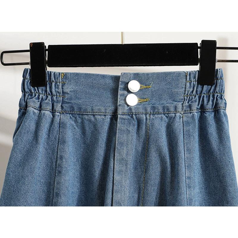 Spring Summer Mid-length Women's Elastic Waist Denim Skirt Pleated High Waist Thin Long Skirt