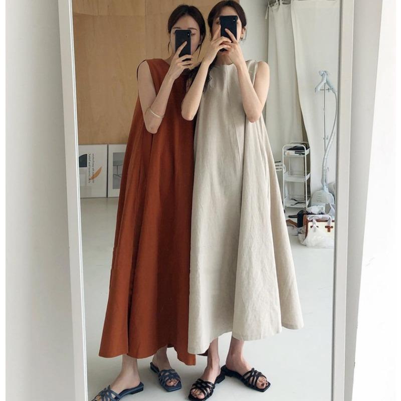 Pumpkin Color Lazy Simple Swing Loose Sleeveless A-line Vest Long Skirt Slimming Dress