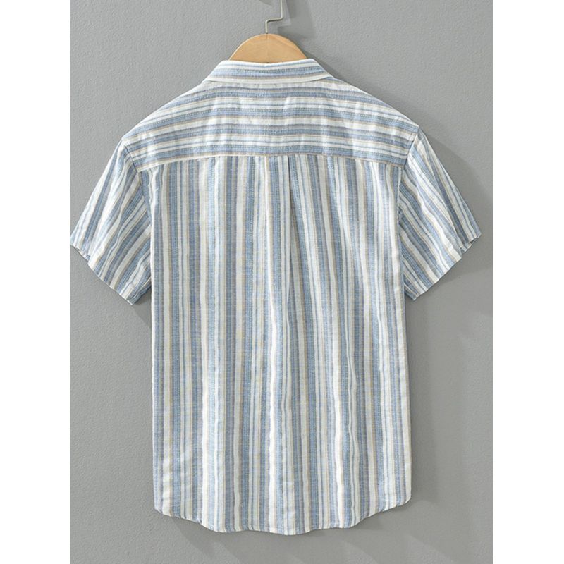Fresh Breathable Color Matching Stripe Linen Short sleeve Shirts Men's Summer Casual Half Sleeve Japan fashion Retro Cotton and Linen Shirt