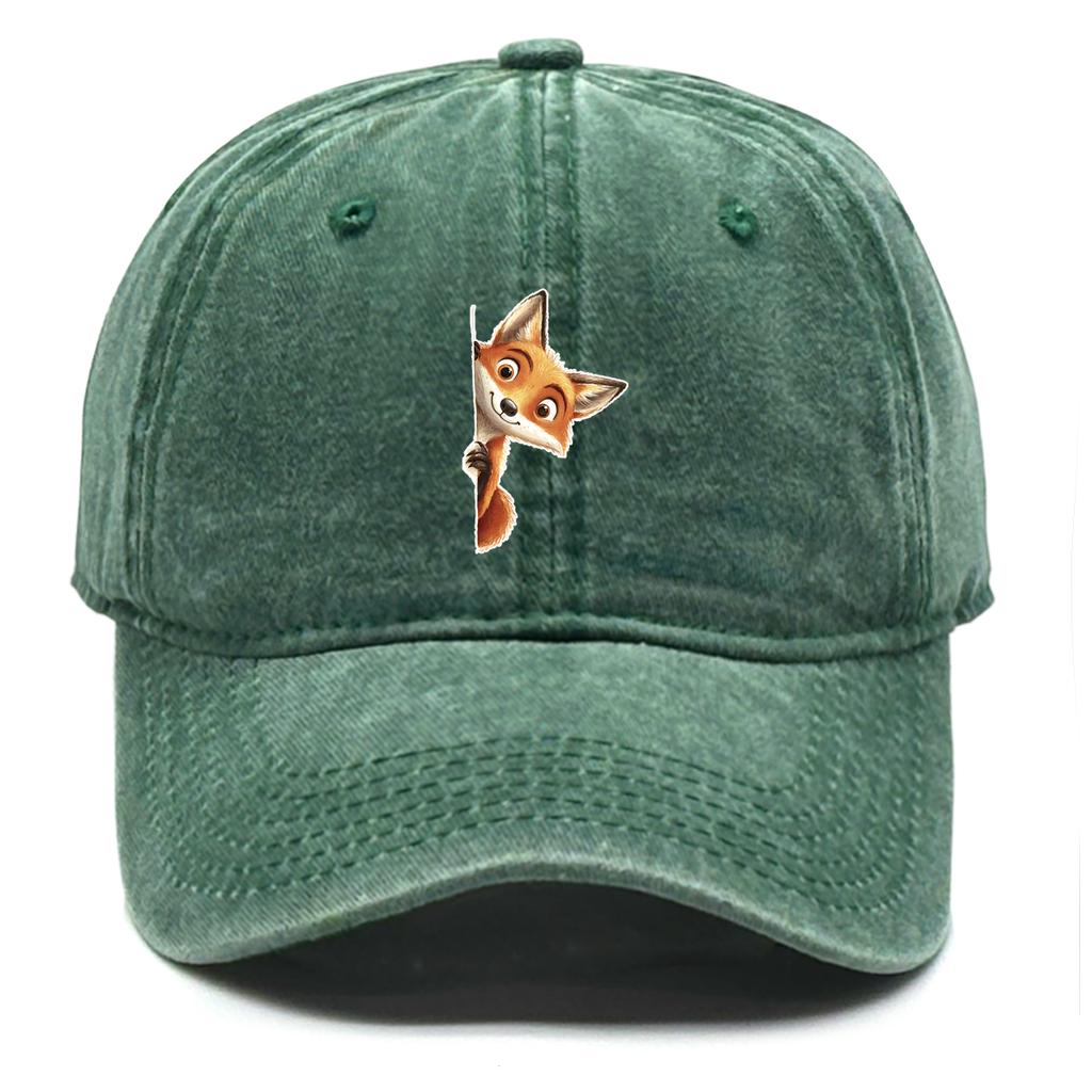 Cute Fox Print Snapback Sun Hat Big-eyed Fox Baseball Hat Washed Cotton Stylish Adjustable Baseball Cap Ideal Choice For Gifts