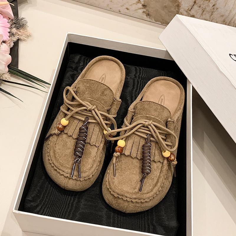 Hausschuhe Damen dicker Boden erhöht in der Höhe, Sommer neu retro ethnisch ein Pedal Lazy Bag Kopf halbe Hausschuhe