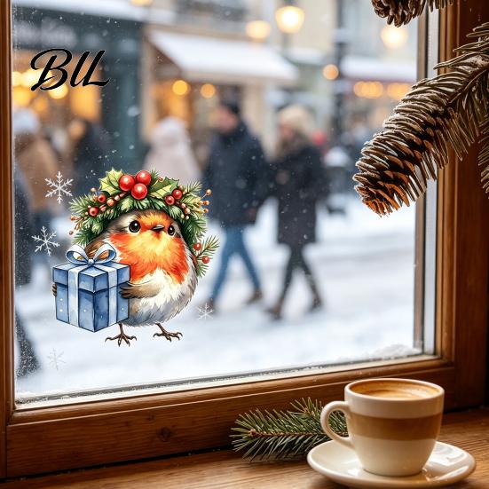 Christmas Party Glass Decorations Bird Static Window Sticker, Cute Watercolor Stickers with Wreath And Gift Box, PVC Decals for Waterproof Clings